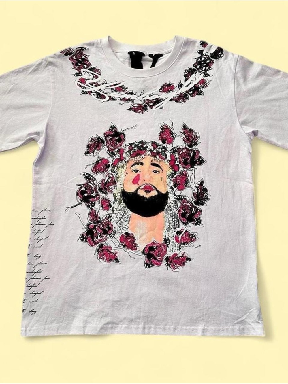 White Vlone Asap Yams Graphic Tee with Pink Rose Portrait Medium